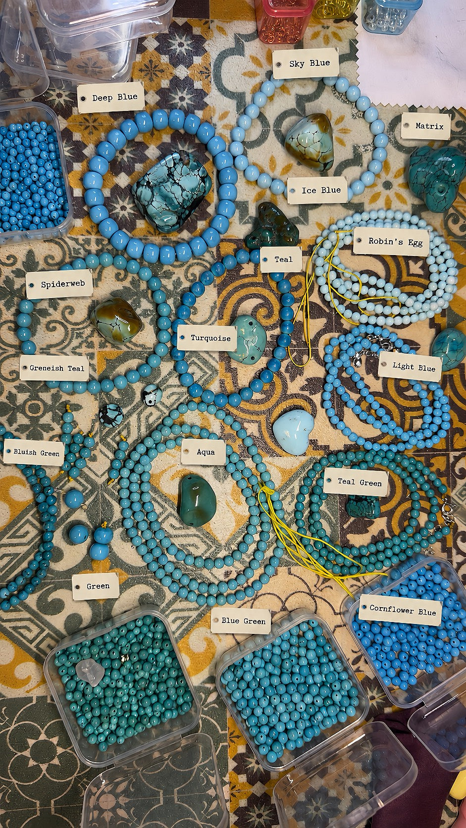 Natural turquoise color collection showing sky blue, ice blue, robin’s egg, aqua, teal, blue-green and matrix turquoise beads and stones.