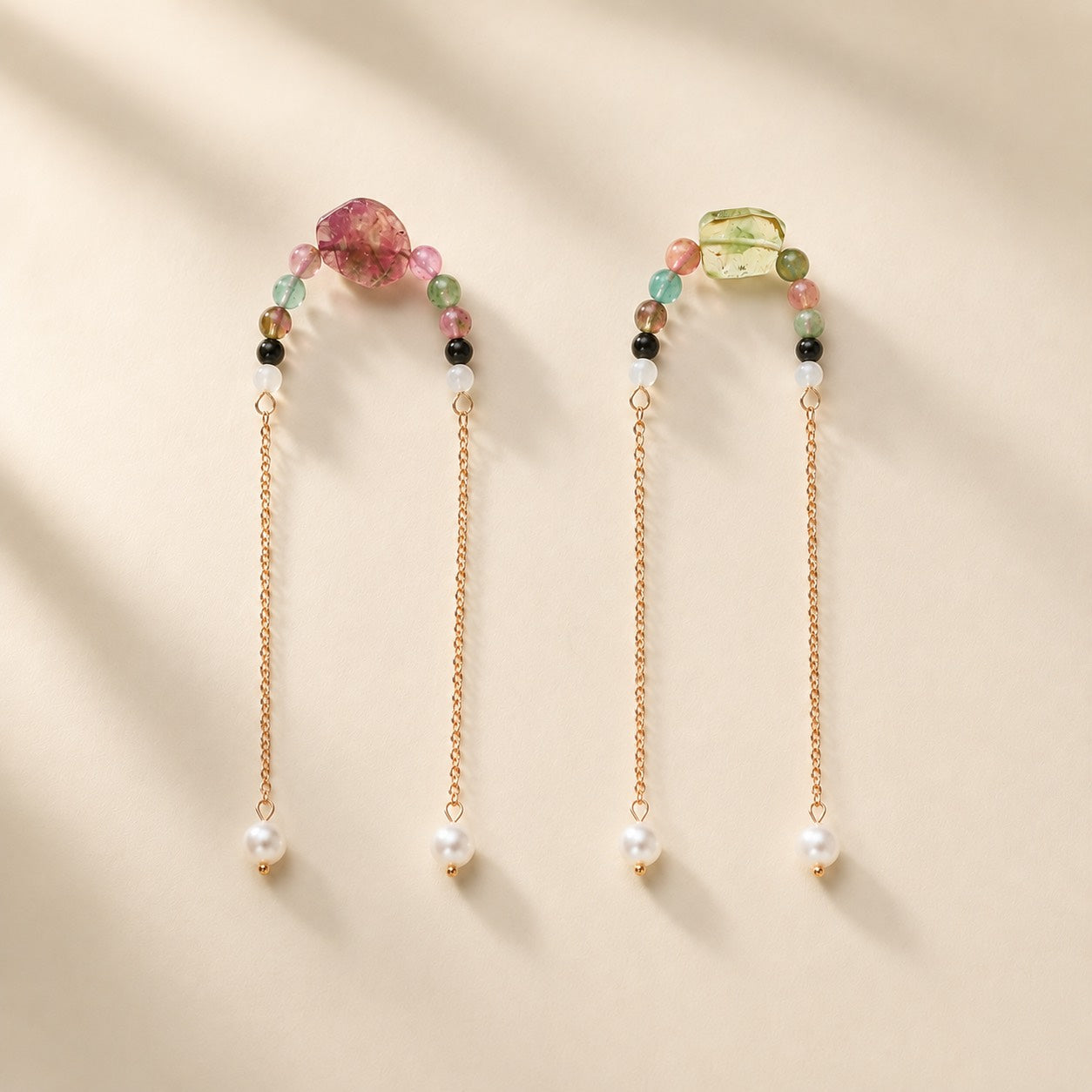 Color in Motion natural multicolor tourmaline and freshwater pearl drop earrings with gold-plated chains