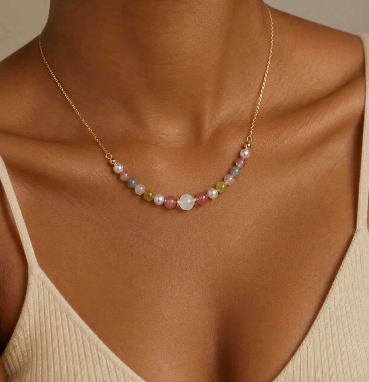 Softly in Bloom multicolor tourmaline and freshwater pearl necklace with gold chain