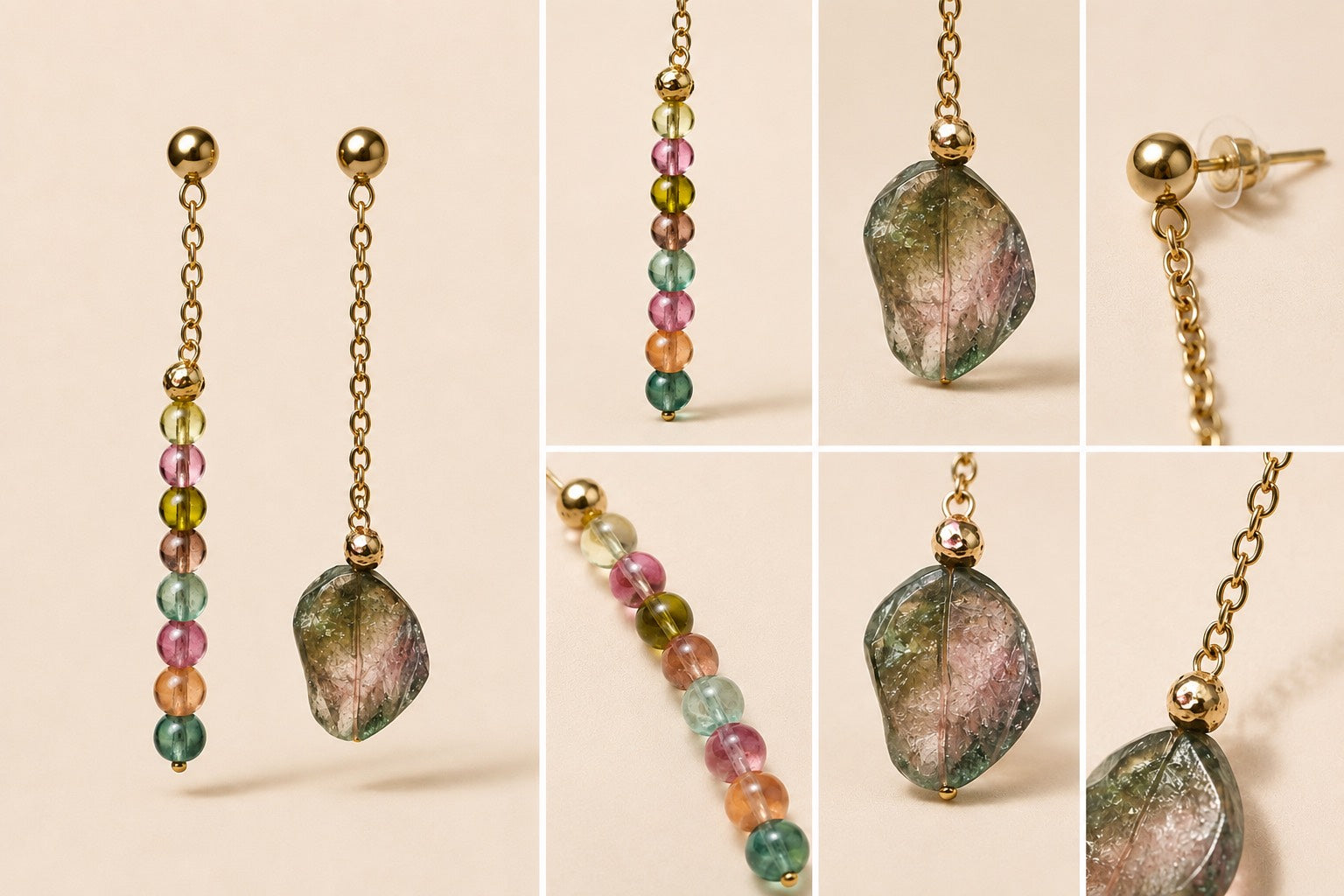 Close-up of Light Catcher multicolor Tourmaline beads and freeform Tourmaline drop earring