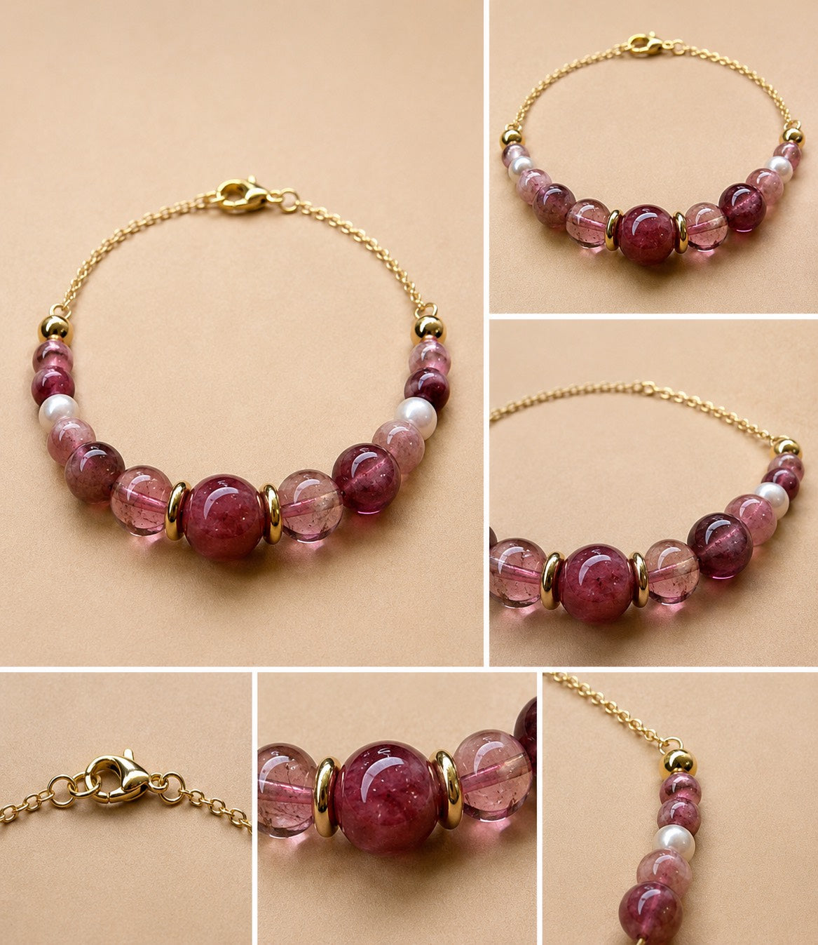 Midnight Rouge handcrafted natural tourmaline and freshwater pearl bracelet with an 18K gold-coated sterling silver chain on a Pearled Ivory background.