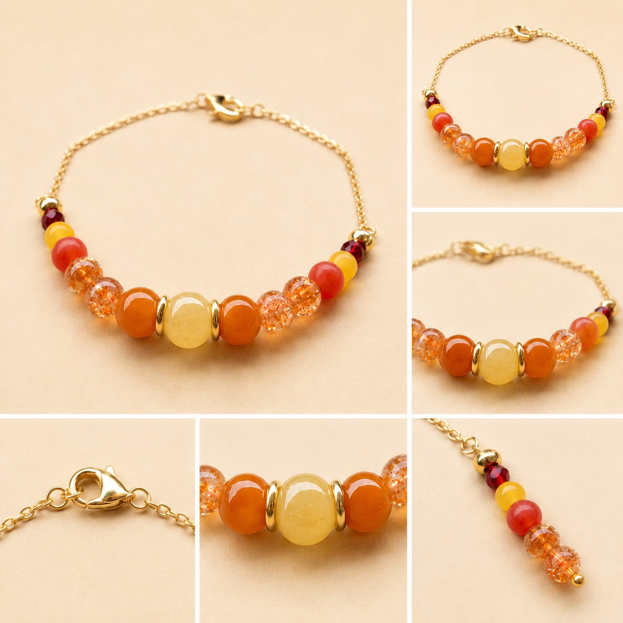 Soleil d'Ambre handcrafted natural sunstone and jade gemstone bracelet with an 18K gold-coated sterling silver chain on a Pearled Ivory background.