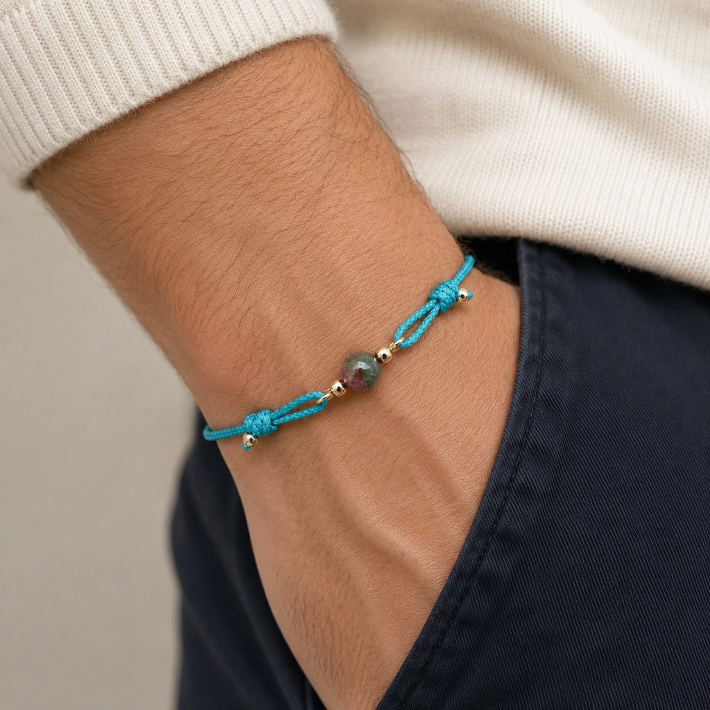 Blue Lagoon natural multicolor tourmaline bracelet with turquoise blue cord and gold-tone details by Sense Jewelry