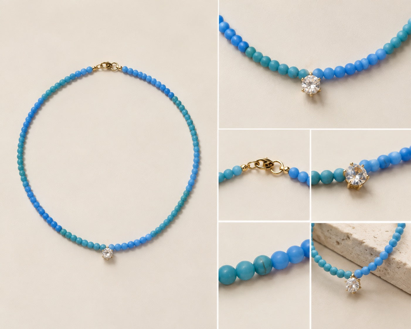 High-porcelain blue and blue-green turquoise beads with 1ct lab-grown diamond

Close-up of Blue Voltage turquoise and diamond necklace in 18K gold

43cm turquoise necklace featuring vivid blue and blue-green natural color variations