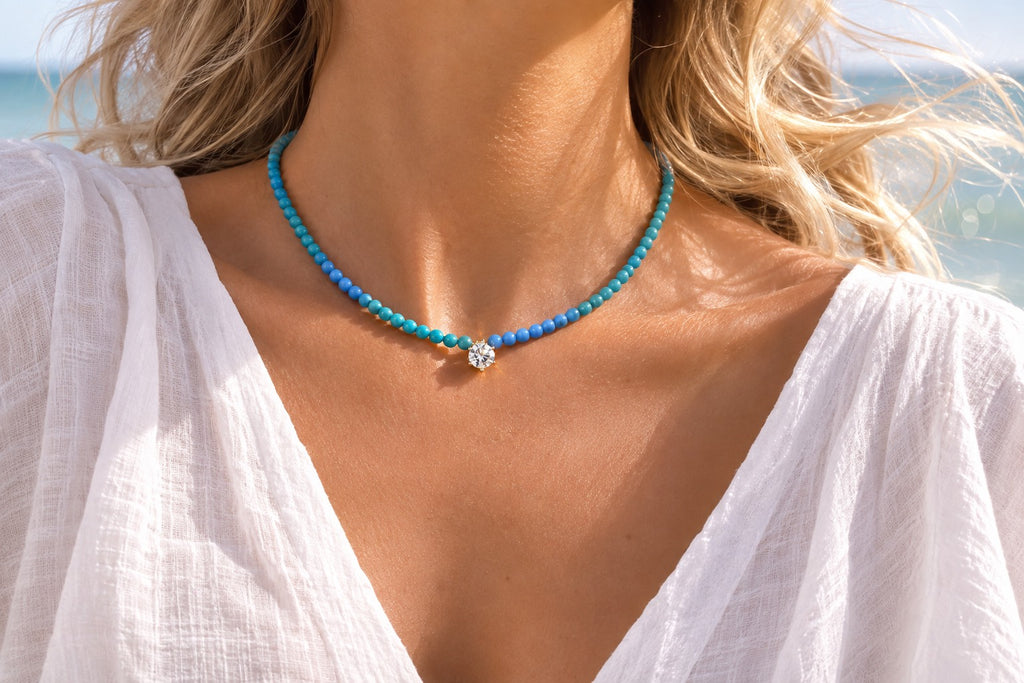 Blue Voltage high-porcelain turquoise necklace with 1ct lab-grown diamond and 18K gold, 43cm