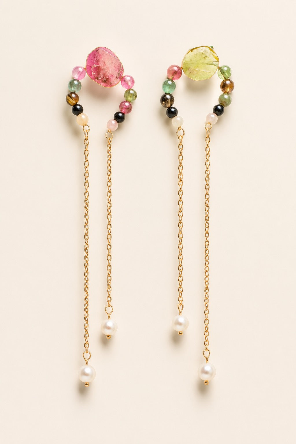 Color in Motion natural multicolor tourmaline and freshwater pearl drop earrings with gold-plated chains
