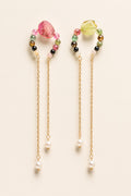 Color in Motion natural multicolor tourmaline and freshwater pearl drop earrings with gold-plated chains