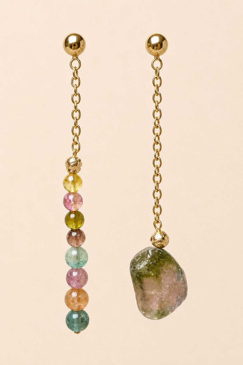 Light Catcher natural multicolor Tourmaline asymmetric drop earrings by Sense Jewelry
