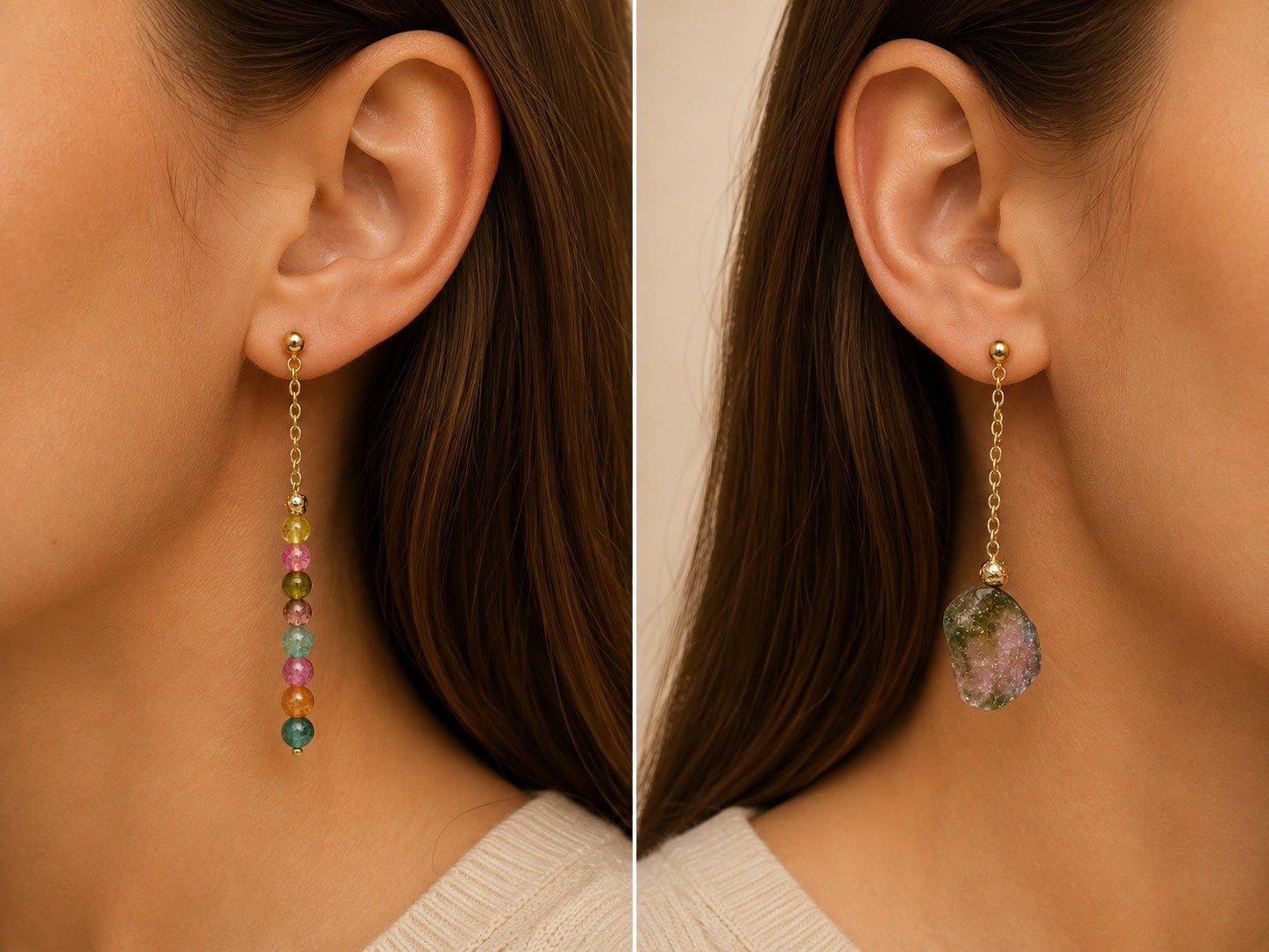 Light Catcher freeform natural Tourmaline drop and bead earring worn on each side of the model