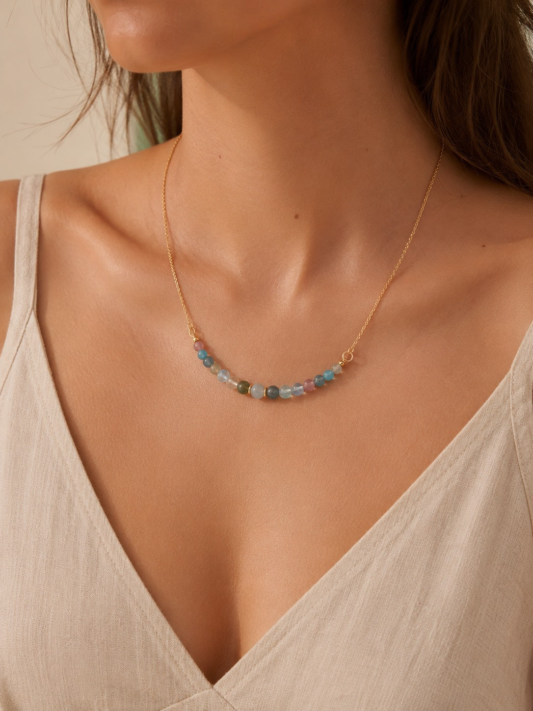 Delicate gold chain necklace with natural aquamarine, turquoise and multicolor tourmaline