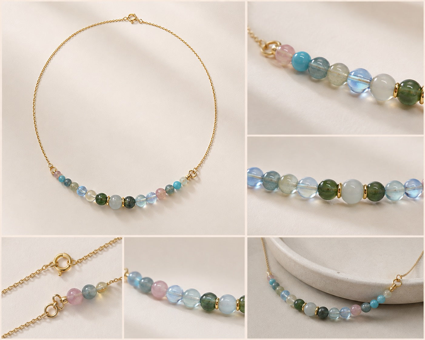 Close-up of multicolor tourmaline, aquamarine and turquoise gemstone beads