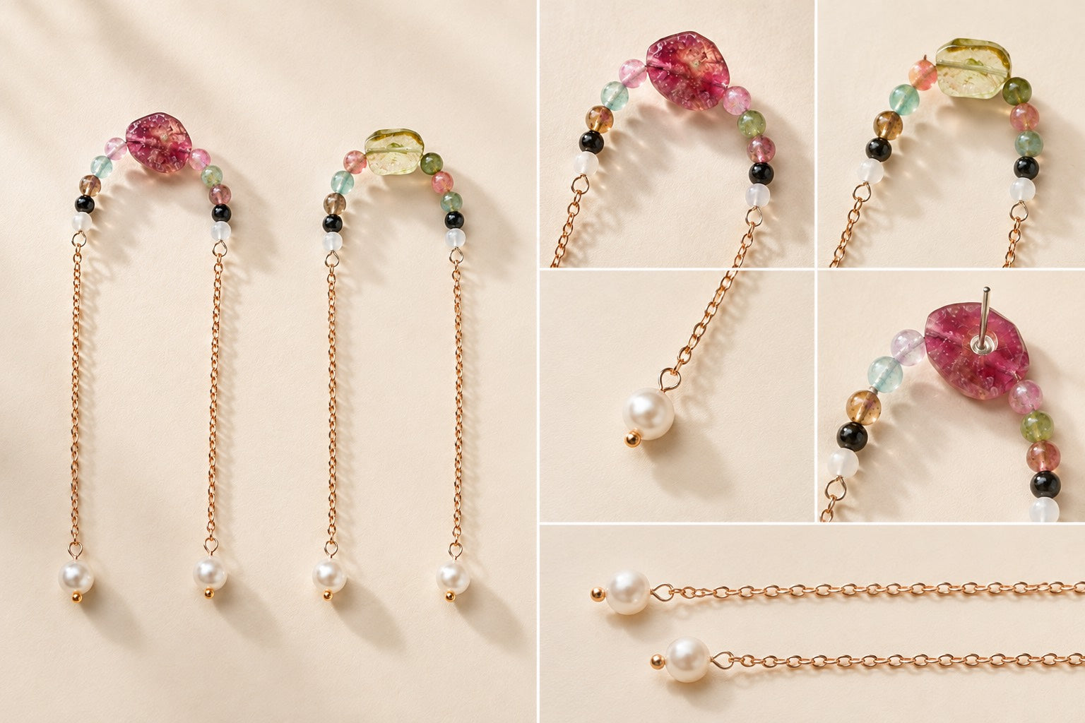 Close-up of natural pink and green multicolor tourmaline drop earrings with freshwater pearls