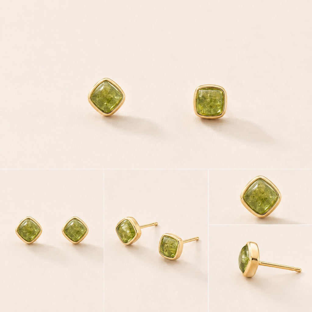 Olive Light natural green tourmaline square cabochon stud earrings