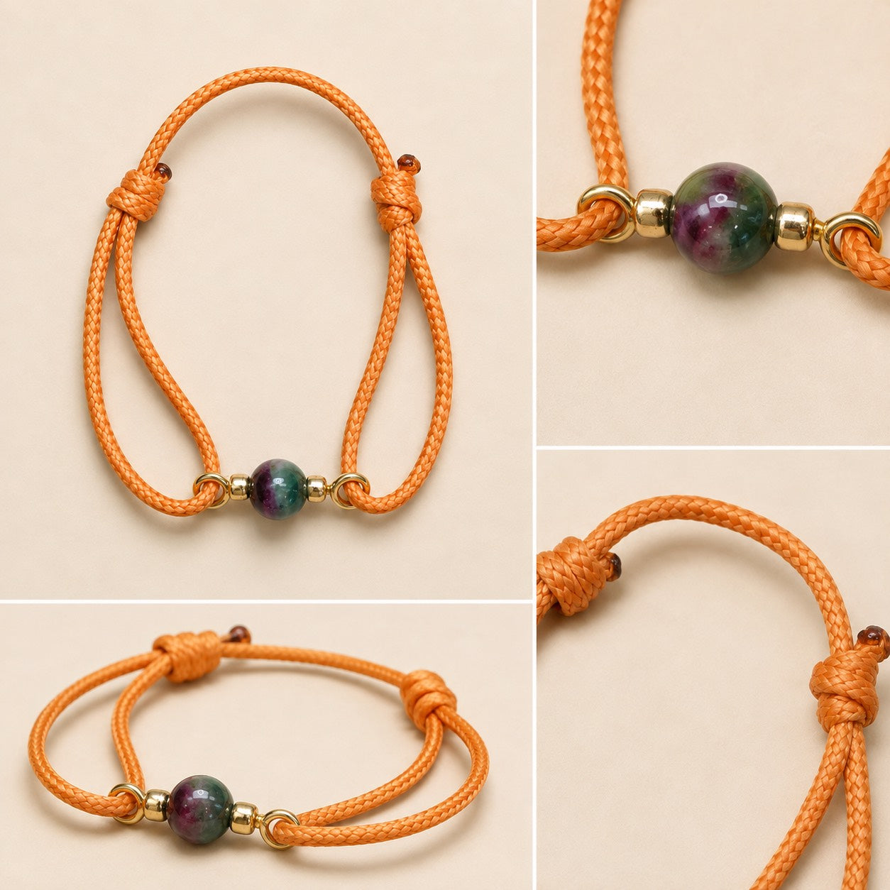 Close-up details of Petit Soleil featuring a 7mm green and pink bi-color Watermelon Tourmaline on an orange cord.
