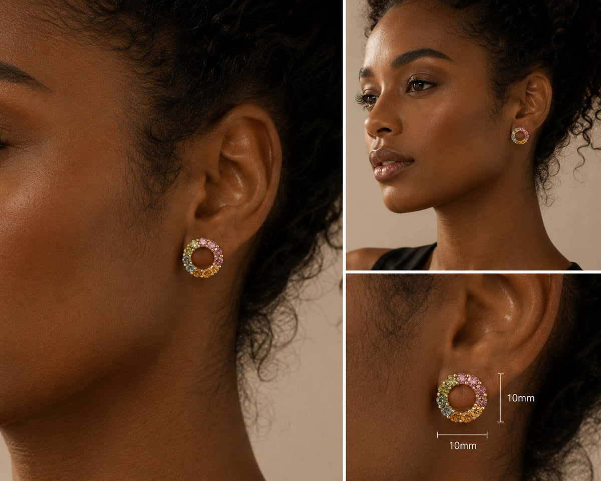 Petite multicolor tourmaline earrings worn on ear