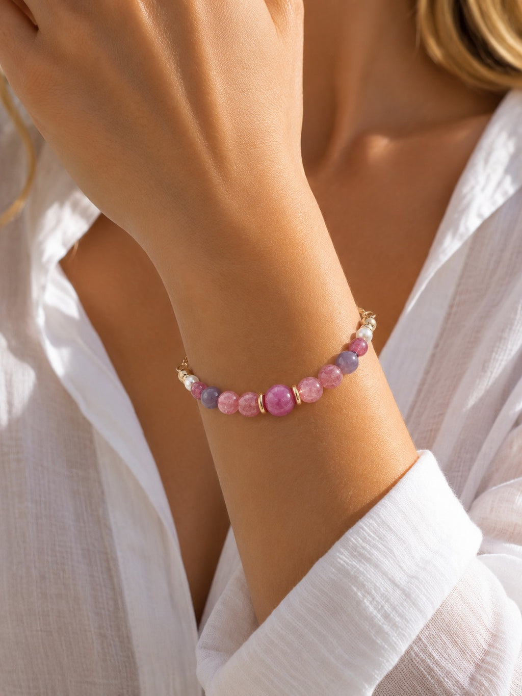 Pink Marmalade handcrafted natural pink tourmaline bracelet with freshwater pearls and 18K gold vermeil.