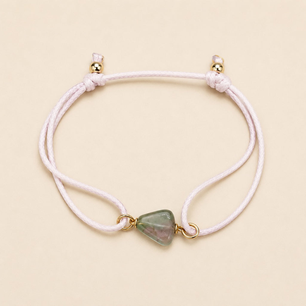 Secret Garden natural green and blush tourmaline bracelet with pale pink cord and gold details by Sense Jewelry