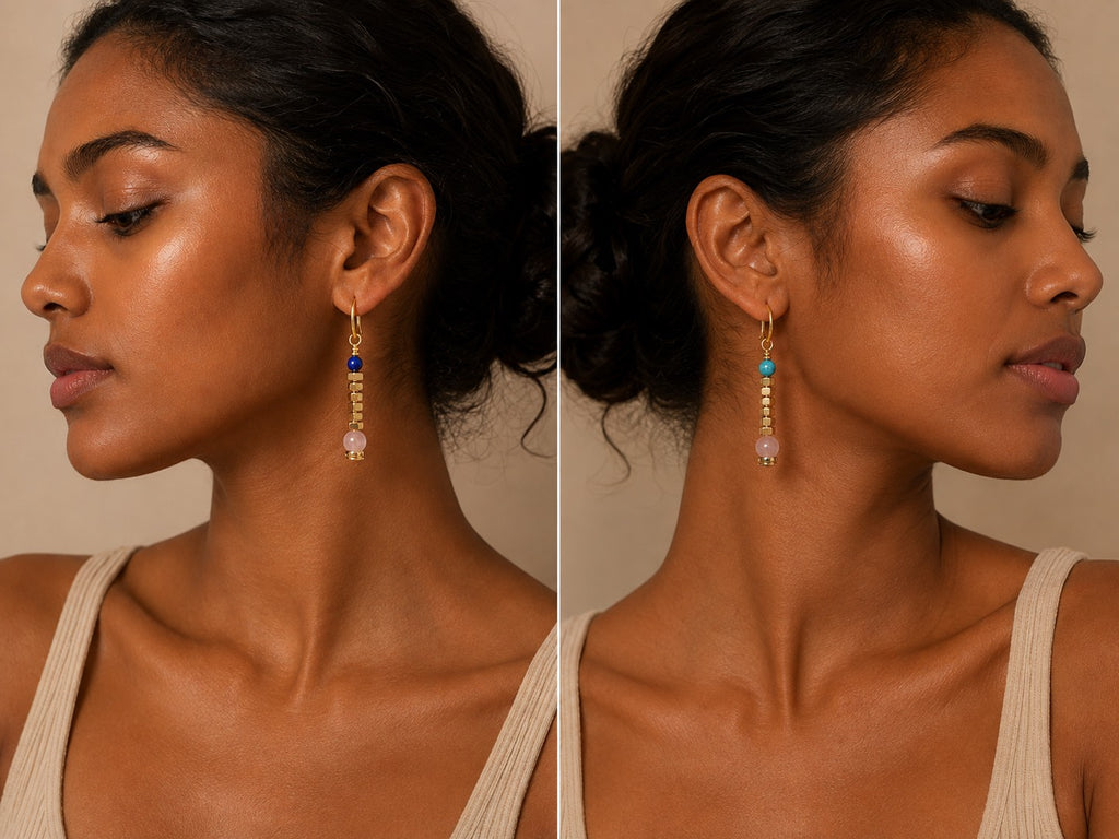 Model wearing Afterglow asymmetrical gemstone drop earrings