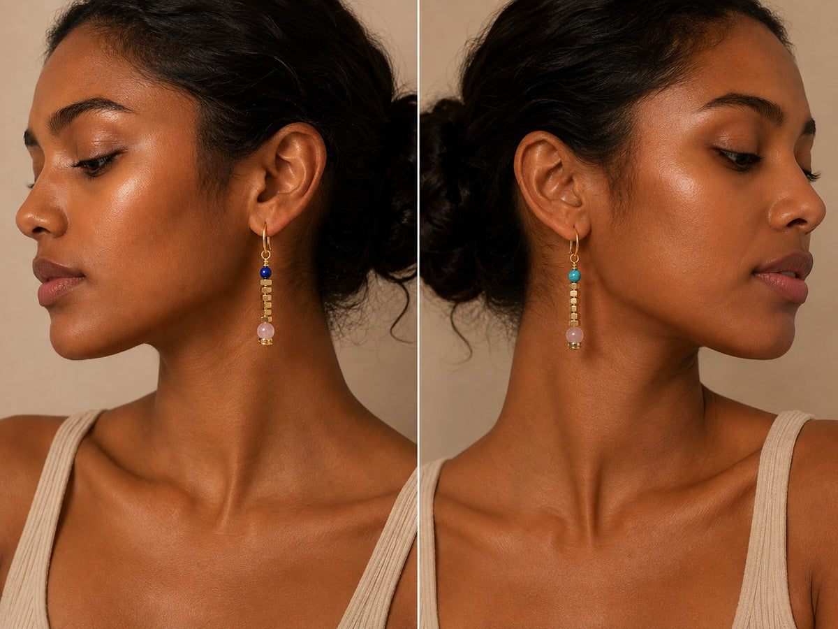 Model wearing Afterglow asymmetrical gemstone drop earrings