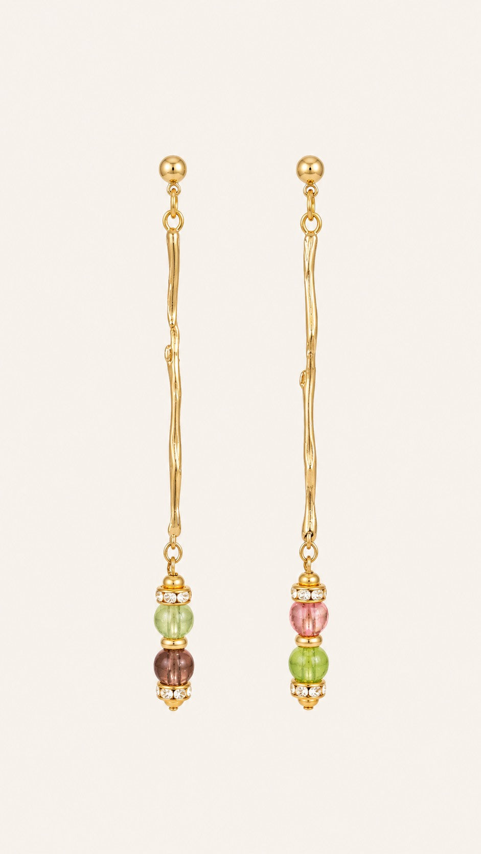 Firefly asymmetrical tourmaline drop earrings with sculptural gold and crystal details by Sense Jewelry