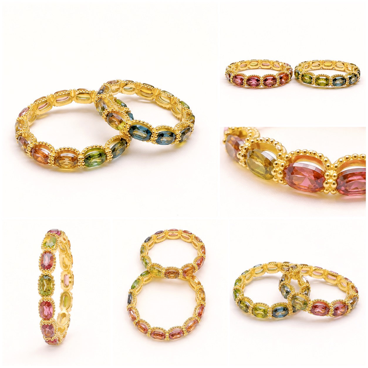Close-up of natural pink and green tourmaline gemstones in Rainbow on Your Fingertip eternity ring
