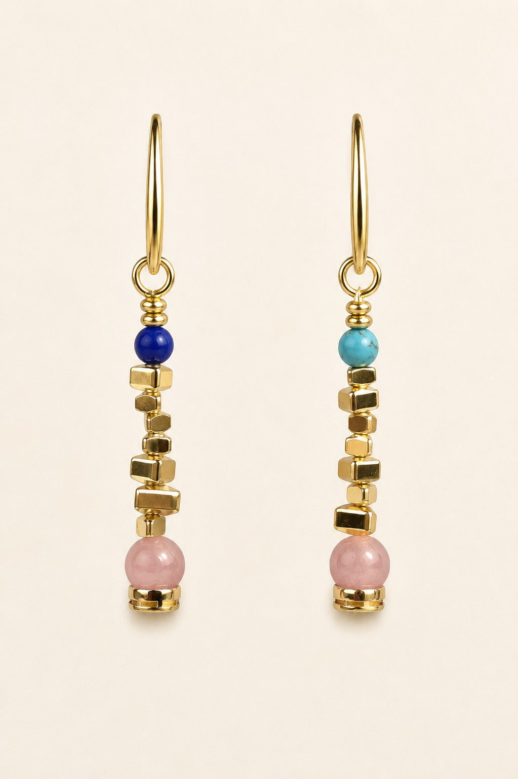 Afterglow asymmetrical gemstone drop earrings with blue, turquoise and blush pink stones