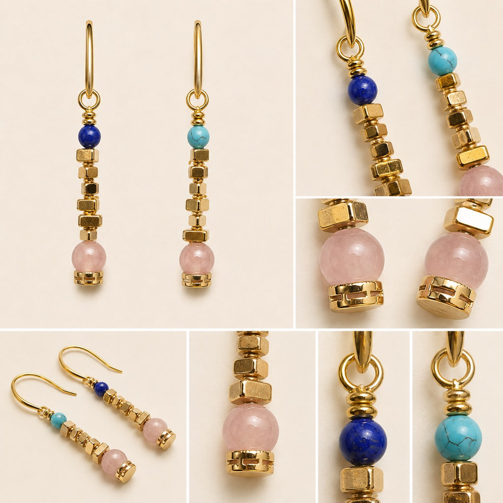 Detail of lapis lazuli, turquoise and geometric gold beads on Afterglow earrings