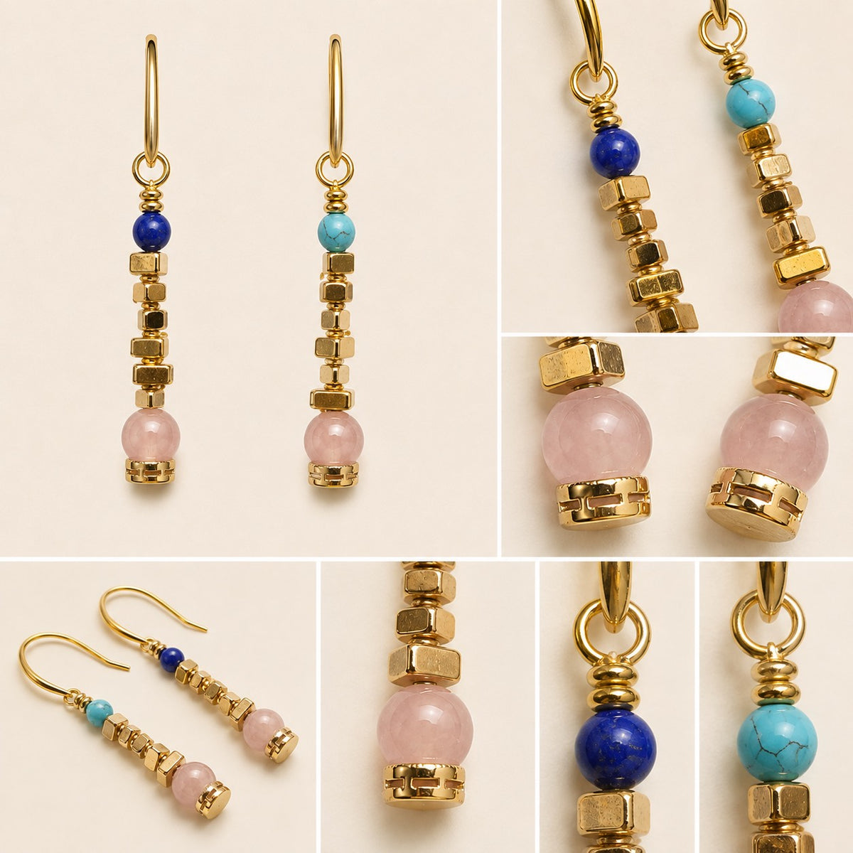 Detail of lapis lazuli, turquoise and geometric gold beads on Afterglow earrings