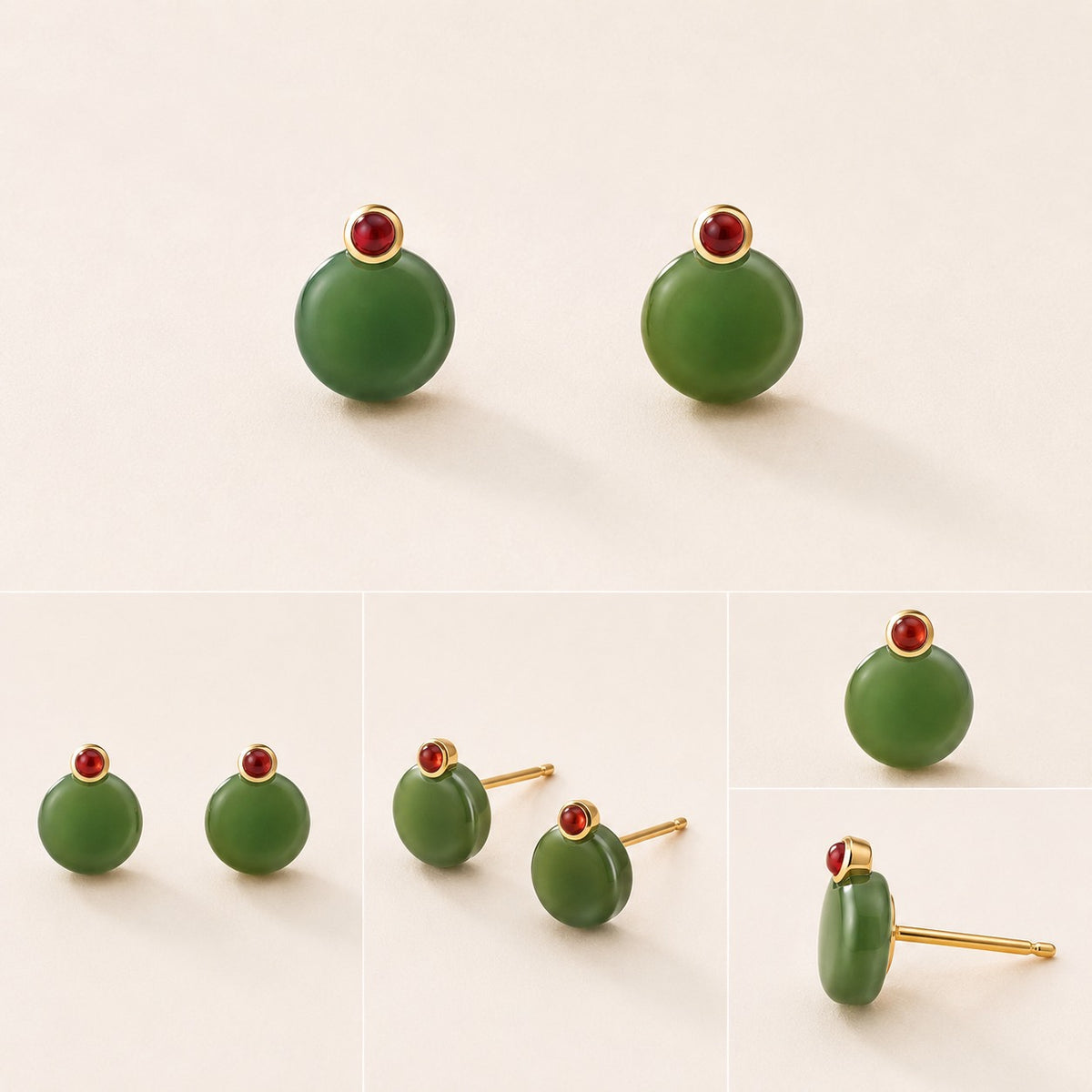 Verdant Rouge natural green jade stud earrings with red gemstone accent